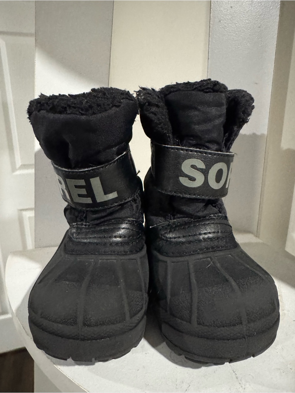 Sorel Black Kids Snow Boots with Plush Cuff and Hook-and-Loop Strap